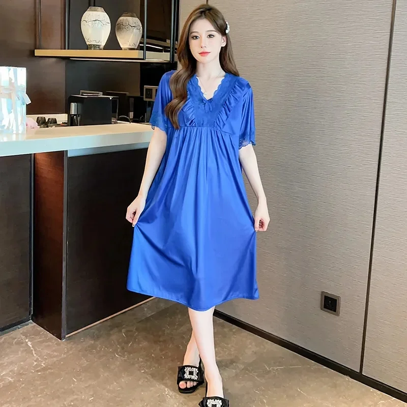 2024 New Women\'s Sexy Sleepwear Plus Size Ice Silk Satin Night Dress Nightgown Female Lingerie Dress Nightwear 100kg