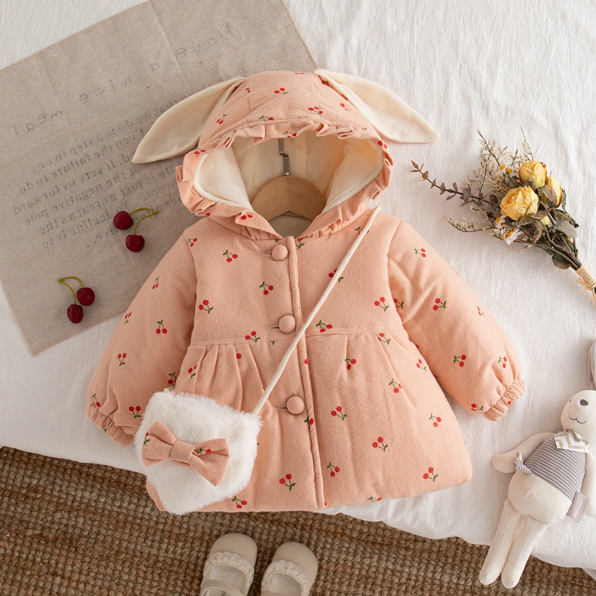 Baby Girl Winter Coat Cute Cherry Print Hooded Girl Coat Sweet And Warm Children's Coat