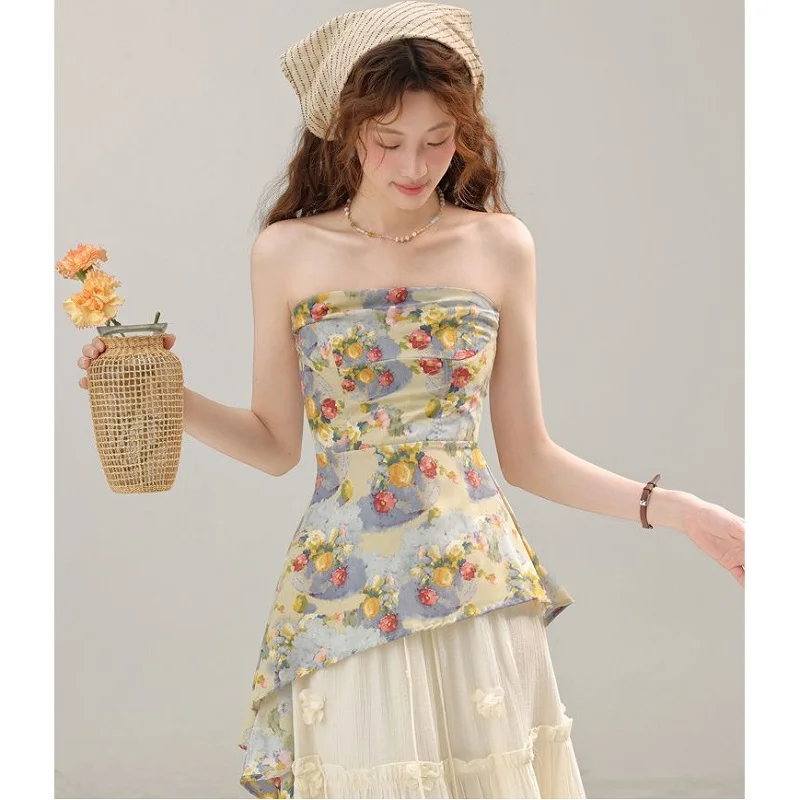 Mode Persönlichkeit Unregelmäßig Cinched Taille Floral Floral Liebsten Halter Top Y2k Harajuku Freizeit Sommer Gedruckt Mini Bluse