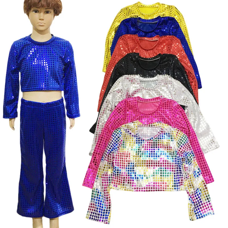 

Детский костюм для джазовых танцев, круглая подсветка, укороченная танцевальная футболка с длинными рукавами, расклешенные брюки, комплект из двух предметов