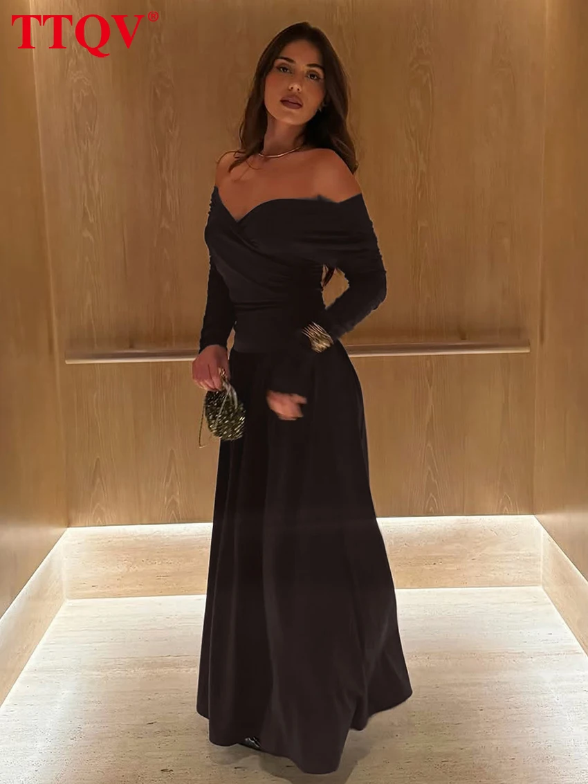 

TTQV Sexy Loose Brown Knitted Women's Dress 2026 Spring Slash Neck Long Sleeve Maxi Dresses Elegant High Waist Female Dress