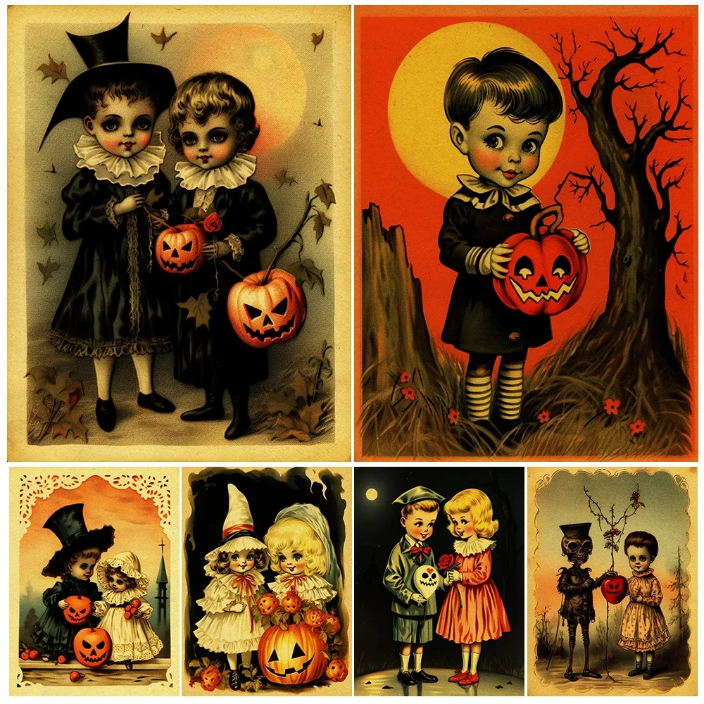 

Halloween Kids With Pumpkin Lantern Vintage Wall Art Canvas Painting,Funny Trick Or Treat Art Poster Print Home Decor Unframed