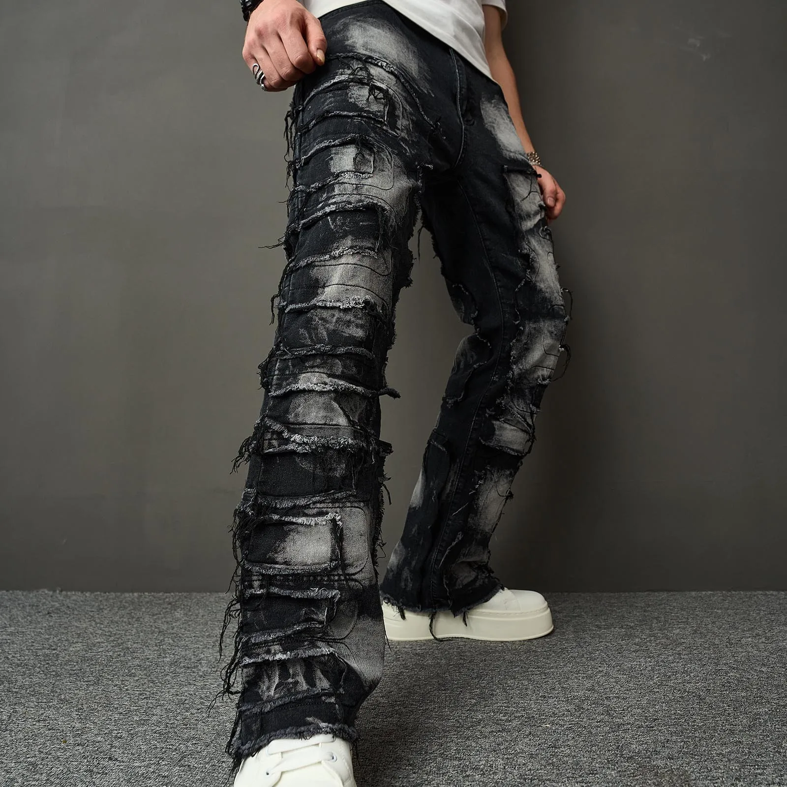 

Men's Regular Fit Stacked Jeans Ripped Slim Fit Patch Distressed Destroyed Straight Denim Pants Hip Hop Streetwear Trouser Cloth