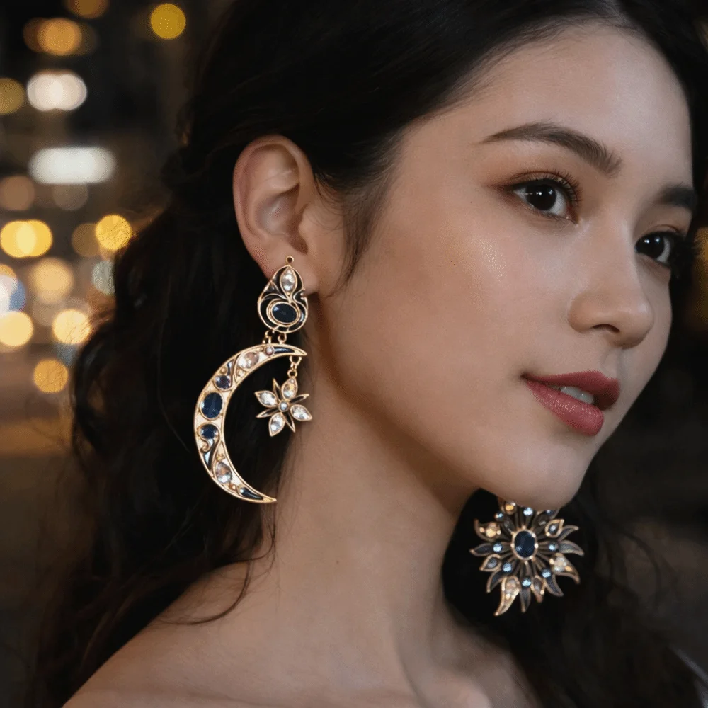 Asymmetric Diamond Embedded Vintage Enamel Ear Drop Versatile Sun Moon Earrings Charming Stud Earring For Curly Hair Women Gifts