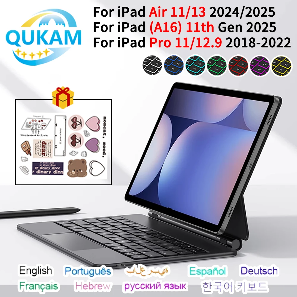 2025 Backlit Magic Keyboard For iPad A16 Pro 11 12.9 Air 4 5 Mini 6 Bluetooth Wireless Touch Magnetic Case Spanish Hebrew French