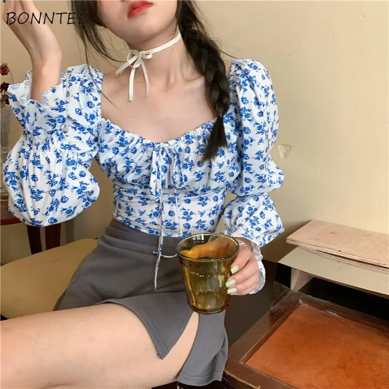 Women Blouses Floral Square Collar Puff Long Sleeve Lace-up Folds Bow French Fashion Elegant Ins Holiday Retro Slim Spring Chic