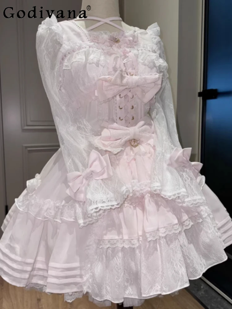 

Large Size Japanese Sweet Cute Lolita Lace Splicing French Girl Dresses Fashion High Waist A-line Square Neck Long Sleeve Dress