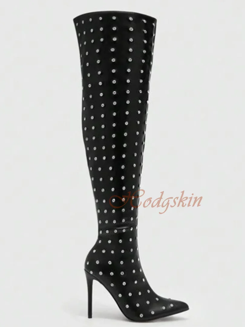 Rhinestone Thigh High Boots Pointy Toe Leather Stiletto Heels Side Zipper Stud Long Boots Women Sexy Shoes Winter Party Designer