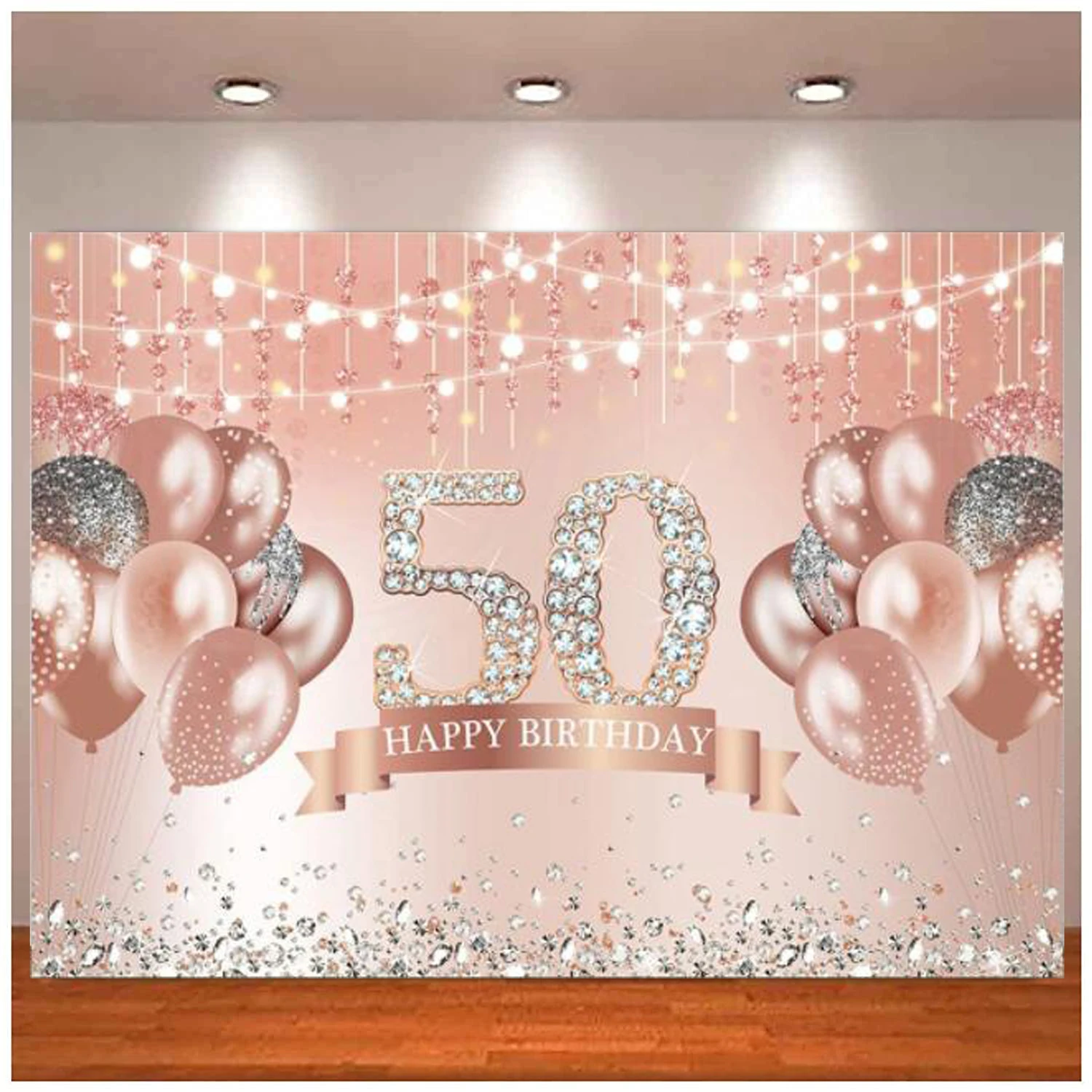 

Happy 50th Birthday Photography Backdrop Glitter Rose Gold Balloons Shining Diamonds Background Women Fabulous Party Decorations