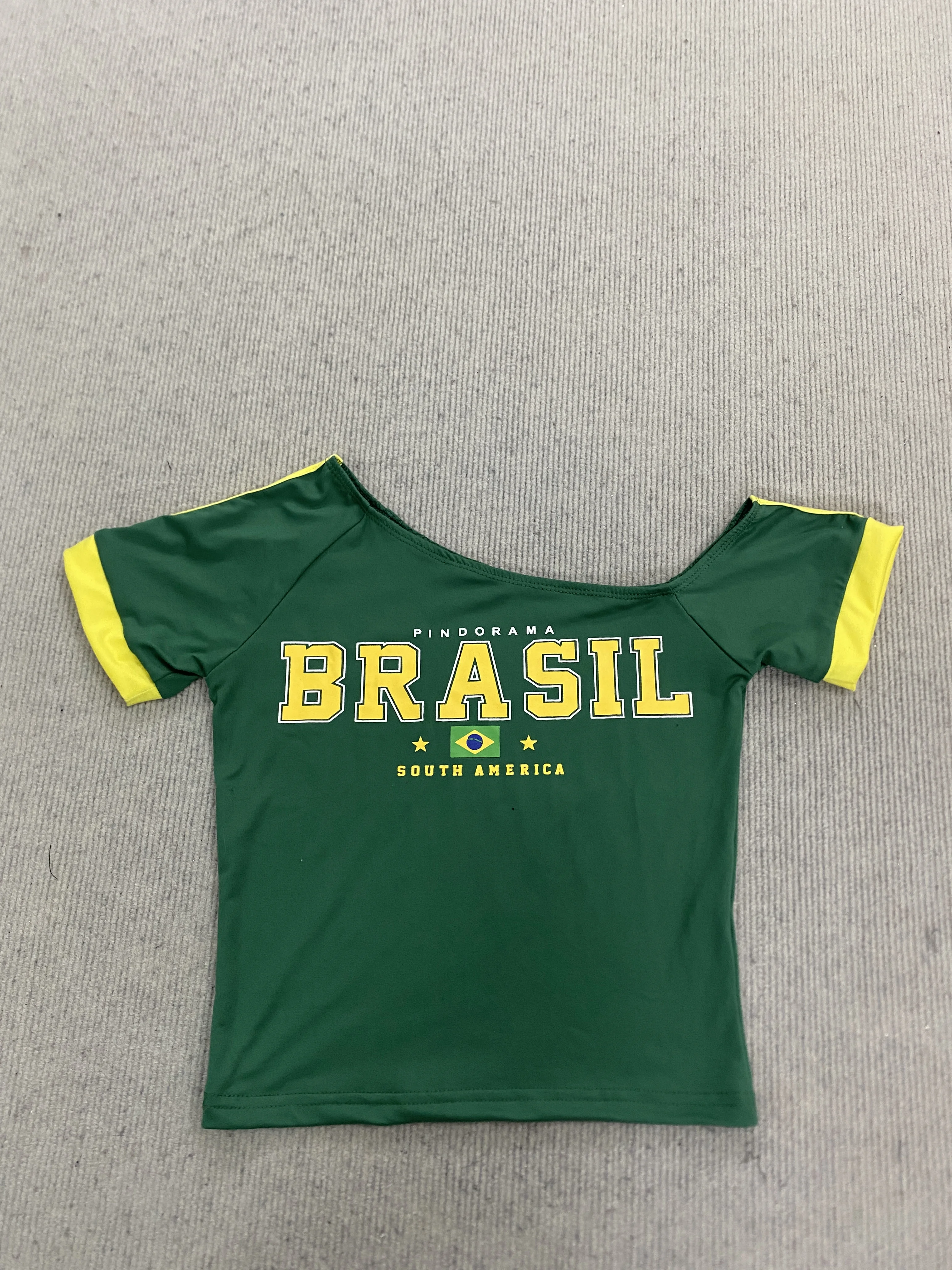 Y2K Retro Green Brazil Flag Print One Shoulder Tee Women Bodycon Cropped Top