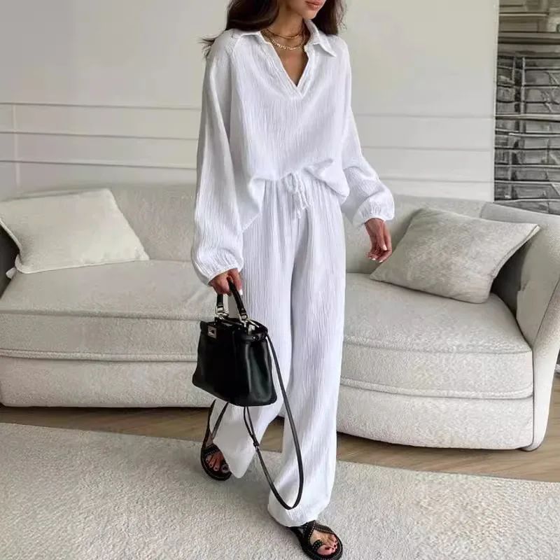 

Casual Loose Pants Suit Cotton 2 Piece Set Women V Neck Blouse Lace Up Wide Leg Trousers Sets Spring Lady 2-pieces Outfits