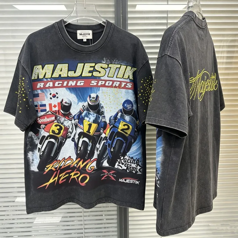 26SS Men Women Hiphop Street Outfit MAJESTIK Tshirts Yellow Rhinestone Letter Racing Motorcycle Graffiti Print Short Sleeve Tops