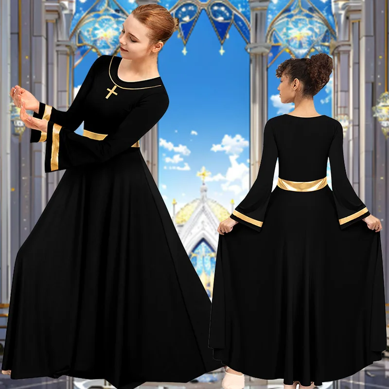 Abito da ballo moderno da donna a maniche lunghe, vestibilità ampia, lunghezza intera, per culto adulto, abito da ballo liturgico in costume metallico