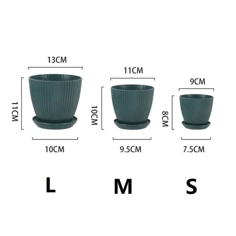 Round Striped Plastic Flower Pot with Tray Succulent Planter for Indoor Balcony Garden Decor