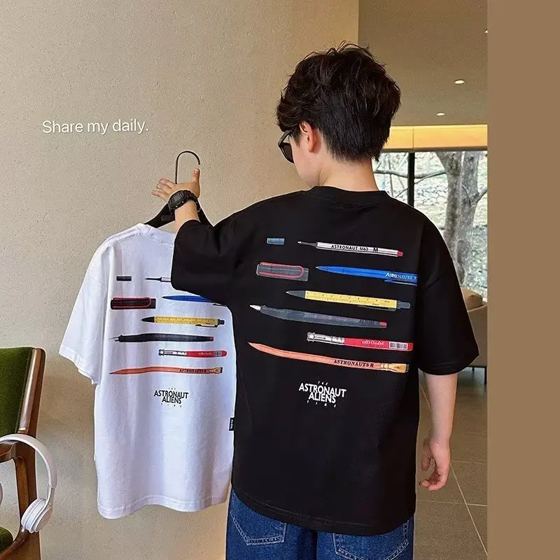 

Summer Straight Type Children's Fashion Japanese Five-quarter Sleeve Crewneck Harajuku New Fashion InsT-shirt Men's Trend