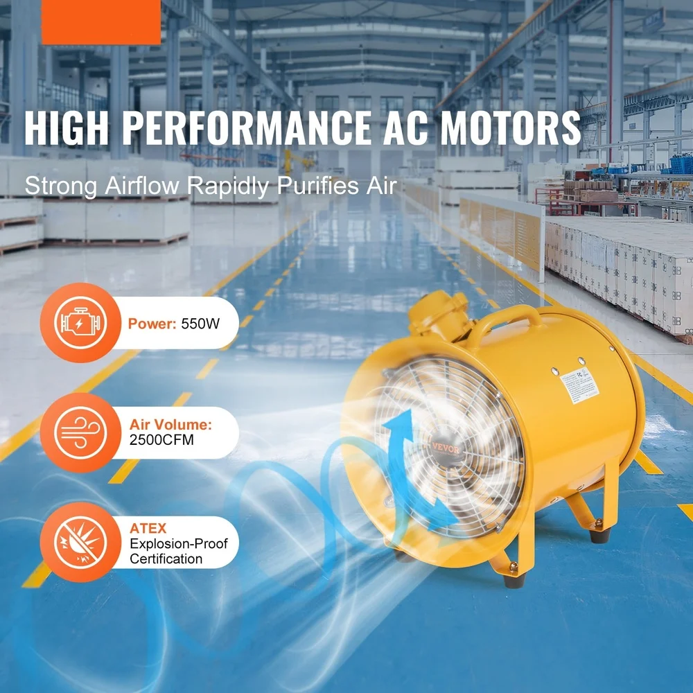 12 بوصة المحمولة النازع مروحة منفاخ التهوية الصناعية 550 واط عالية الأداء محرك تيار متردد 2500CFM تدفق الهواء مقاوم للماء الغبار