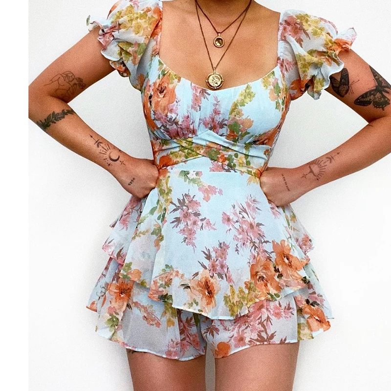 Ardm Sexy Square Collar Floral Print Short Sleeve Chiffon Summer Playsuit Women 2022 Ruffle Bodycon Vintage Female Romper