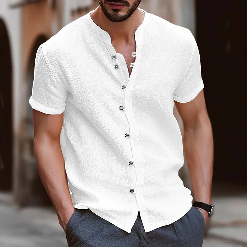

Summer Fashion Men's Shirt Retro Button Cotton Hemp Casual Slim Solid Color Short-sleeved Stand-up Collar Top SIZE