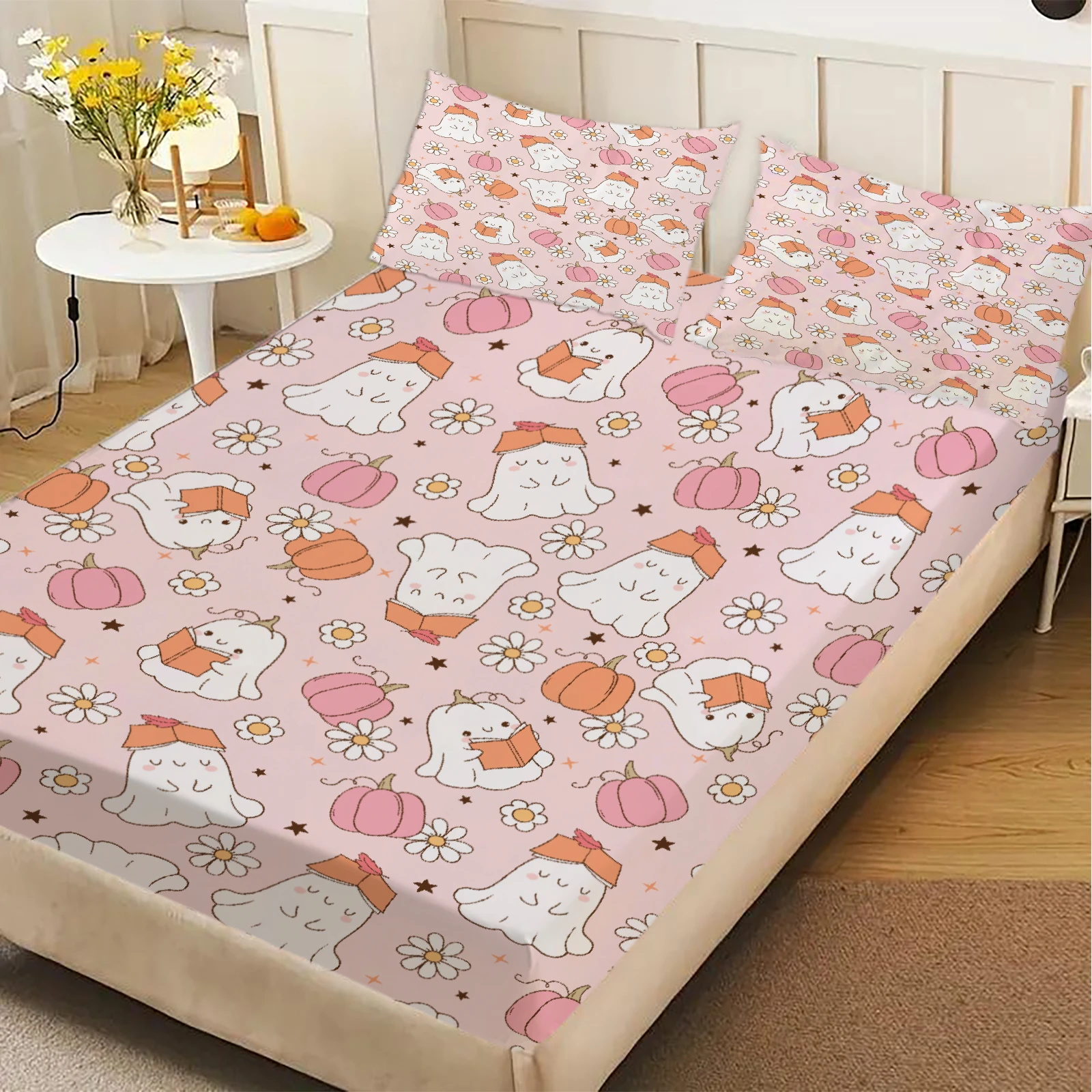 

1pcs Ghost Pink Pumpkin Fitted Sheet Bedroom Halloween Theme Digital Printed 100% Polyester Cozy Bed Cover (No Pillowcase)