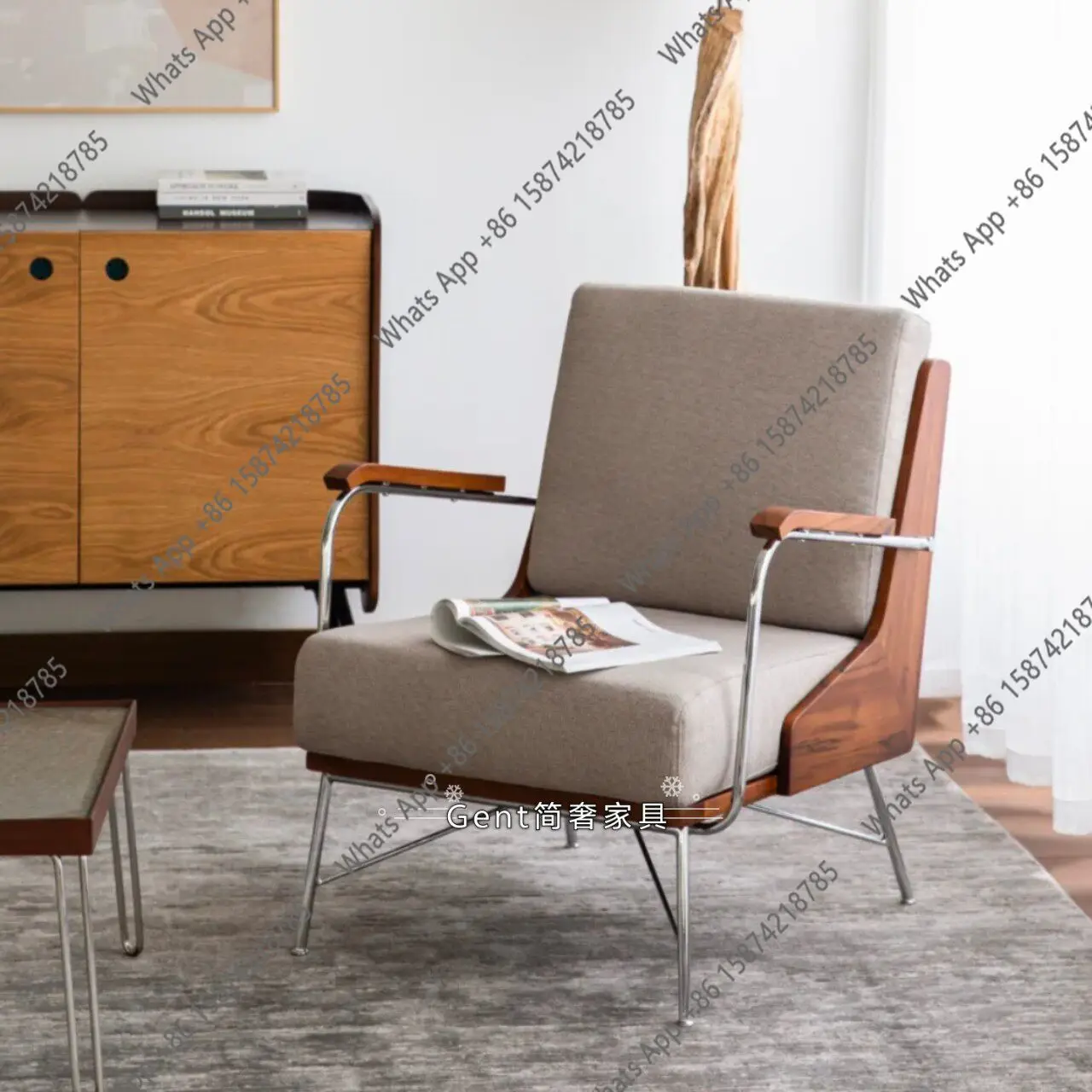 Italian modern light luxury solid wood metal legs bedroom study leisure chair simple living room single sofa chair