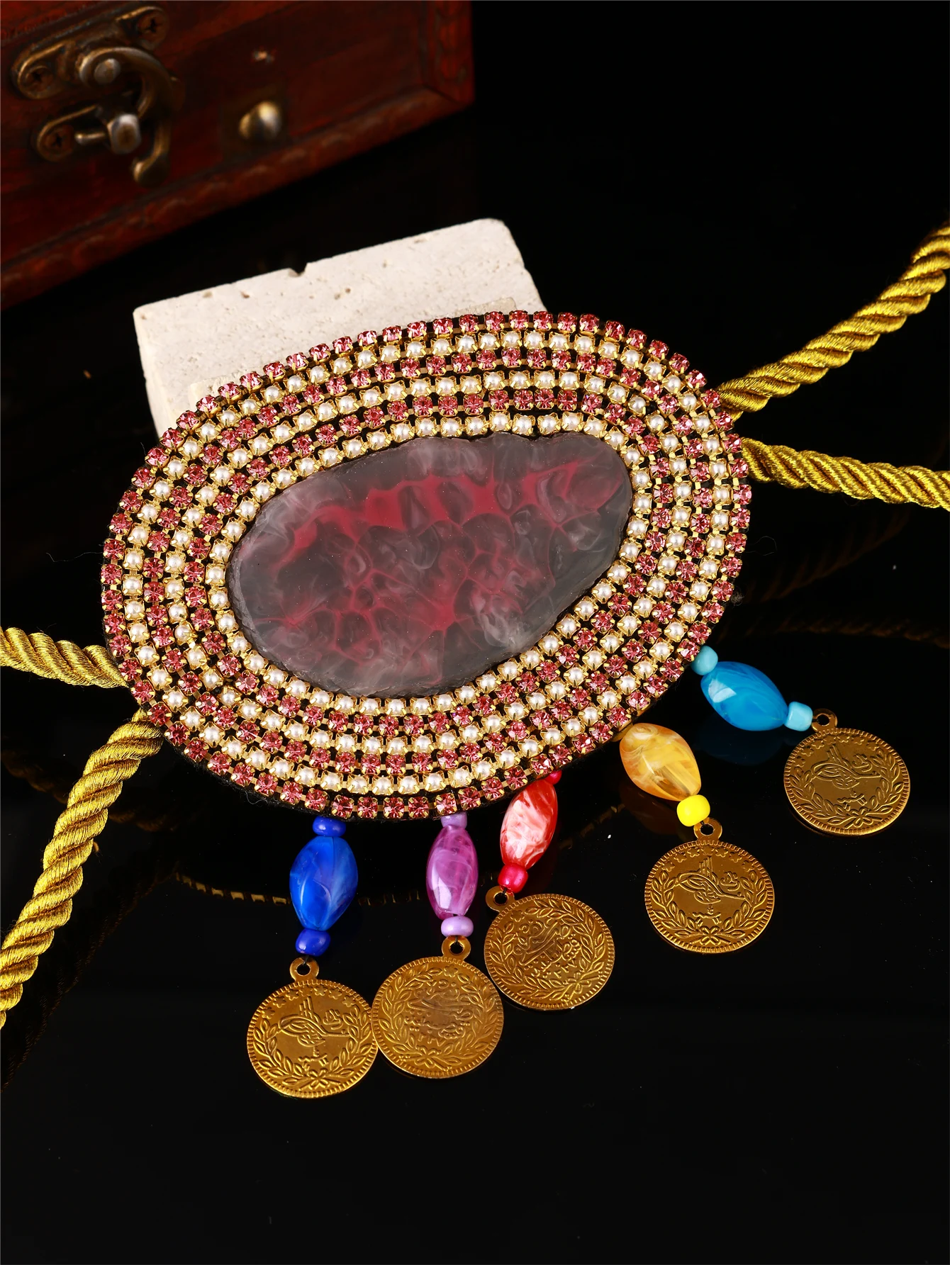 Boho Morocco Gold Coin Waist Belt Colorful Crystal Rhinestone Braided Rope Belt for Women Ethnic Wedding Party Body Jewelry