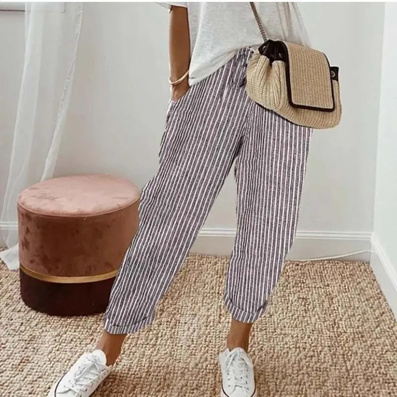 2026 European American Cross border Women's Summer New Fashionable Loose Stripe Printed Elastic Waist Drawstring Casual Pants
