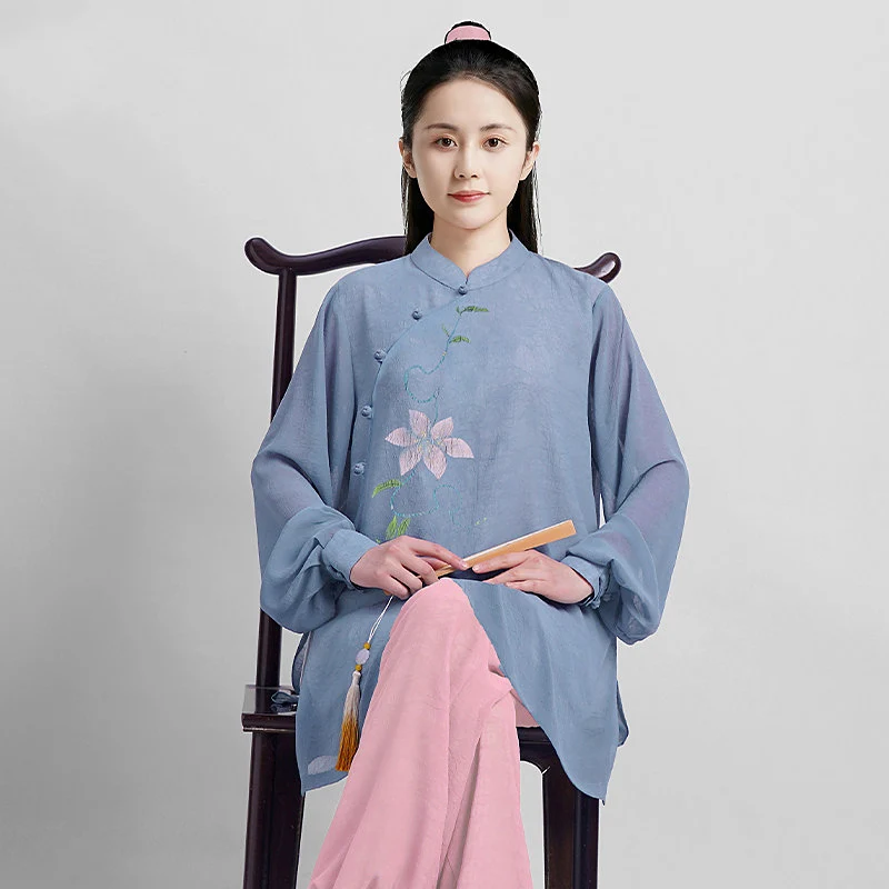 Women's Premium Tai Chi Uniform - Hand-Painted Ramie Gauze, Mid-Length Martial Arts Outfit for Baduanjin & Performance (Unisex)