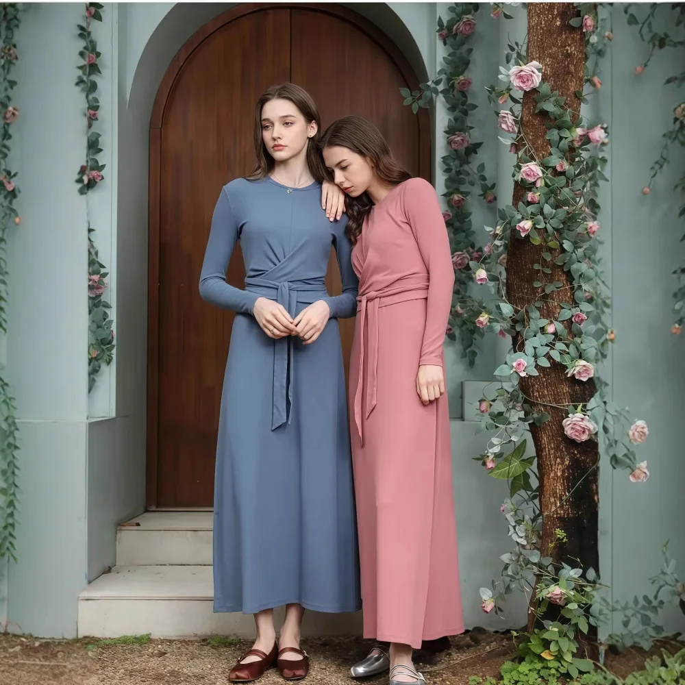 

KIDCRKJ Women Spring Fake 2 Piece Sets Round Neck Lace Up Ruffled Lady Dress Full Sleeve Elegant Deisnegd Maxi Female Dress