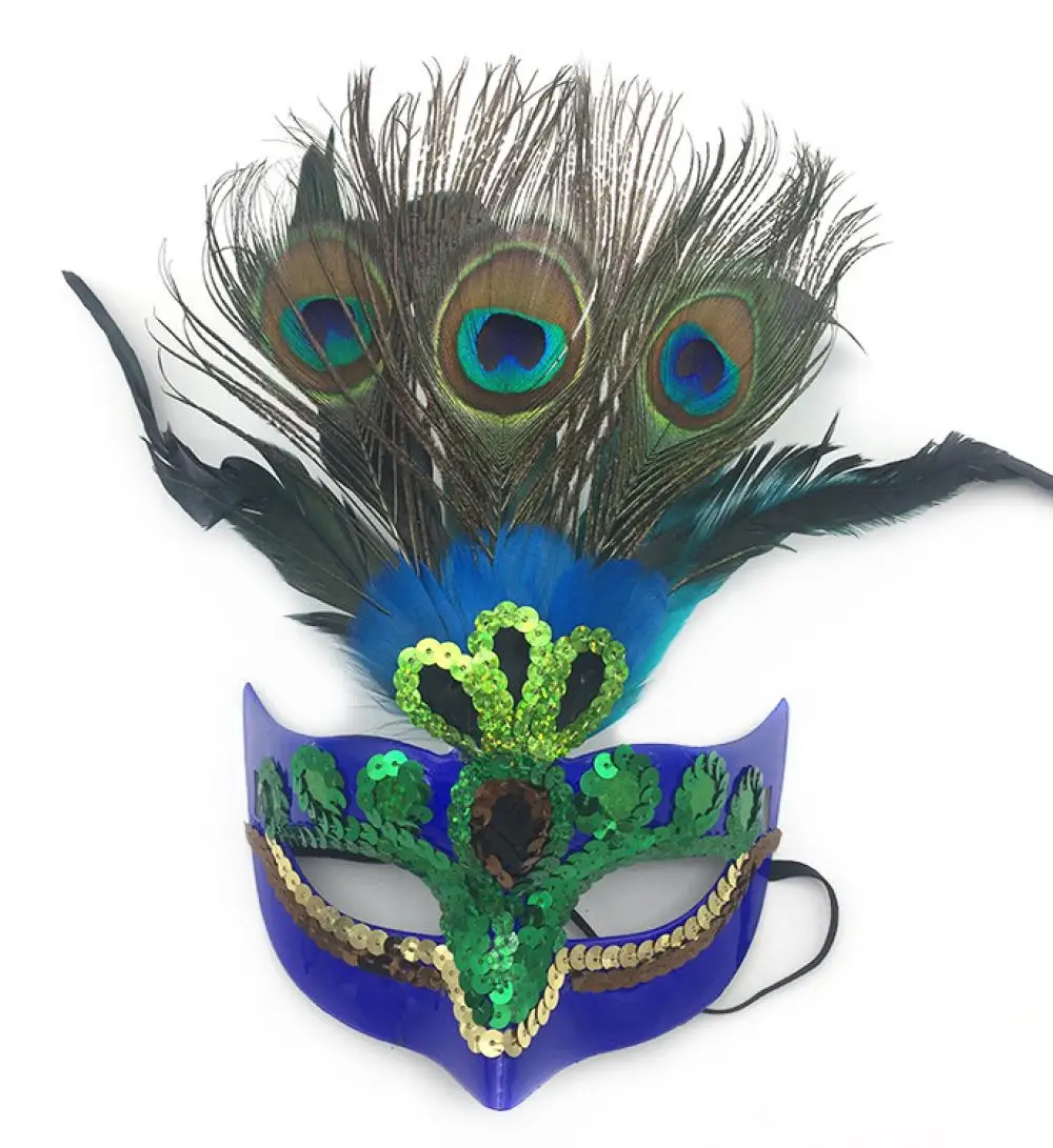 Womens Masquerade Peacock Feather 베네 치안 마스크 반짝이 장식 조각 하프 페이스 커버 마디 그라 파티 멋진 코스프레 의상