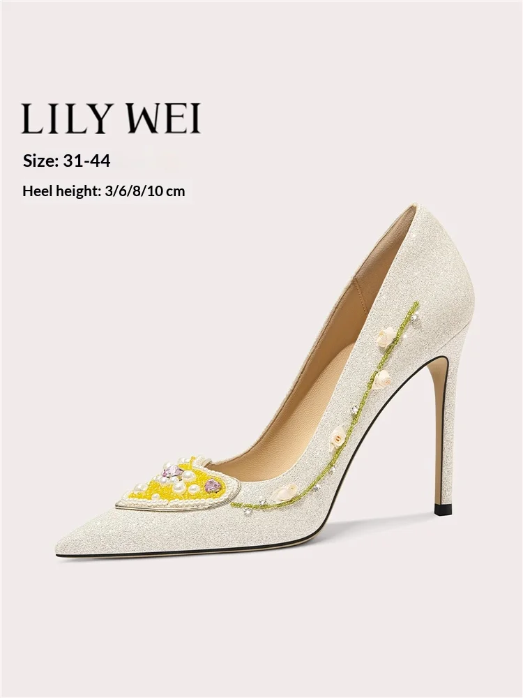 

Spring new pointed toe shallow sequin rhinestone beaded wedding shoes banquet large size small size thin high-heeled women shoes