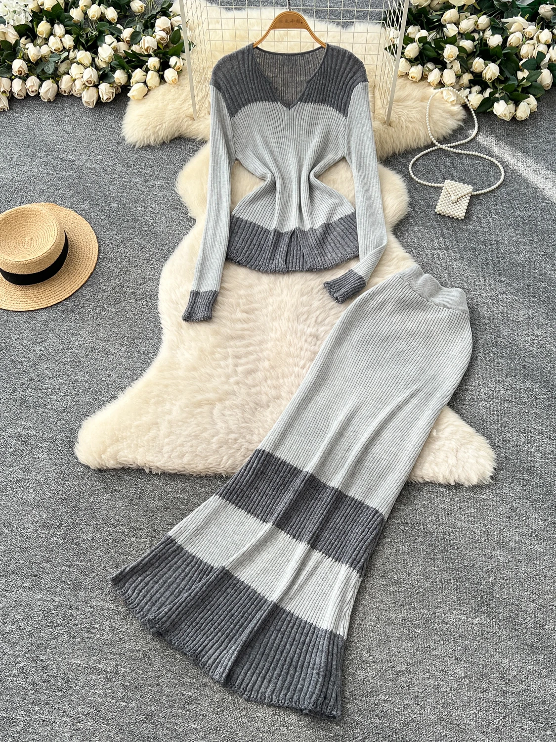 

Корейский Sle Soft Faion Color Blo V Ne Long Sve вязаный топ с высокой талией, облегающая юбка для тела, комплект из двух предметов для женщин