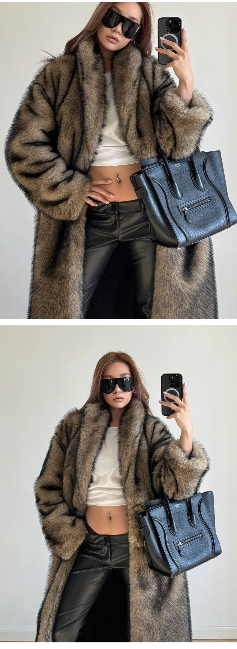 الرجعية طويلة المرأة الشتاء ايكو الفراء جاك رفض طوق الاصطناعي التدرج الفراء سترة لسيدة فوق الركبة معطف الفرو الإناث #4