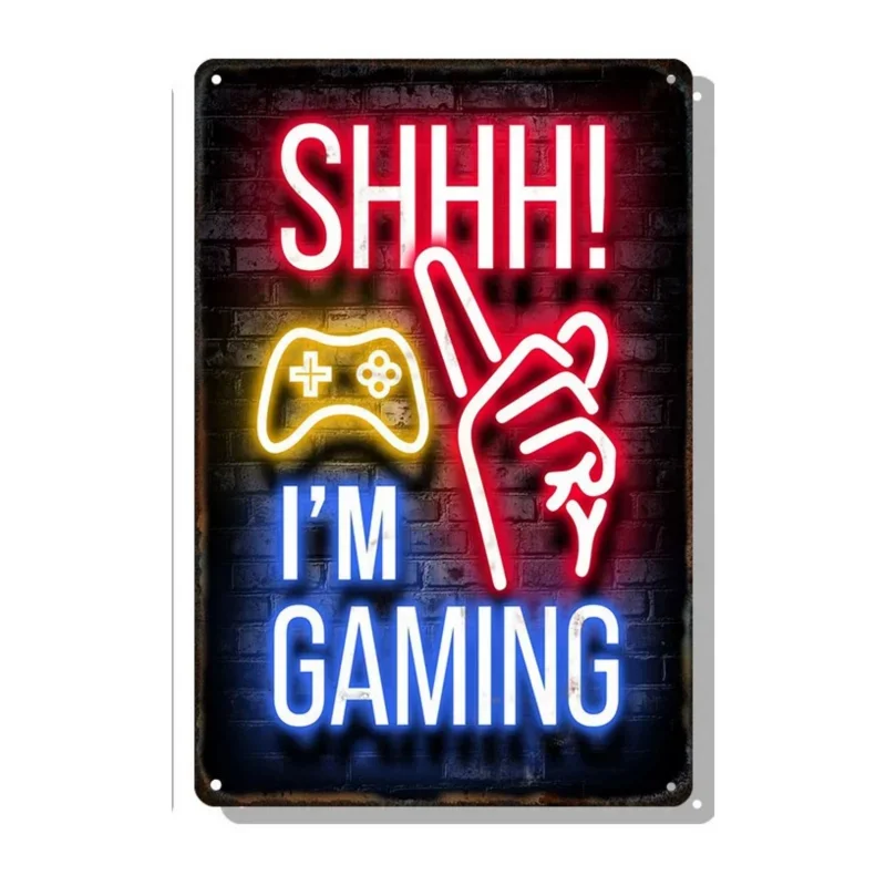 Gamepad Metal Poster Neon Light Glow Lettering Decorative Tin Sign Game Room Wall Art Plaque Modern Home Aesthetic 8 X 12 Inch