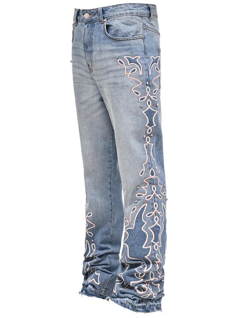 Vintage Embroidery Straight Denim Pants Trend Male Punk Style Wide Leg Jeans Streetwear Four Seasons Daily Casual Trousers 2025