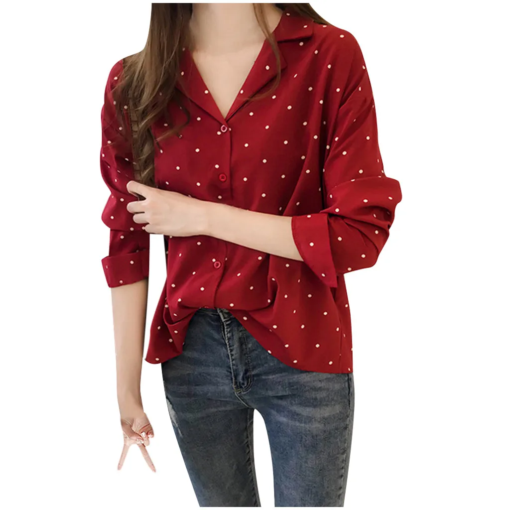 Women’s Casual Long Sleeve Polka Dot Turn-Down Collar Tops Button Shirts Female Autumn Commute Vintage Camisas De Mujer Elegant