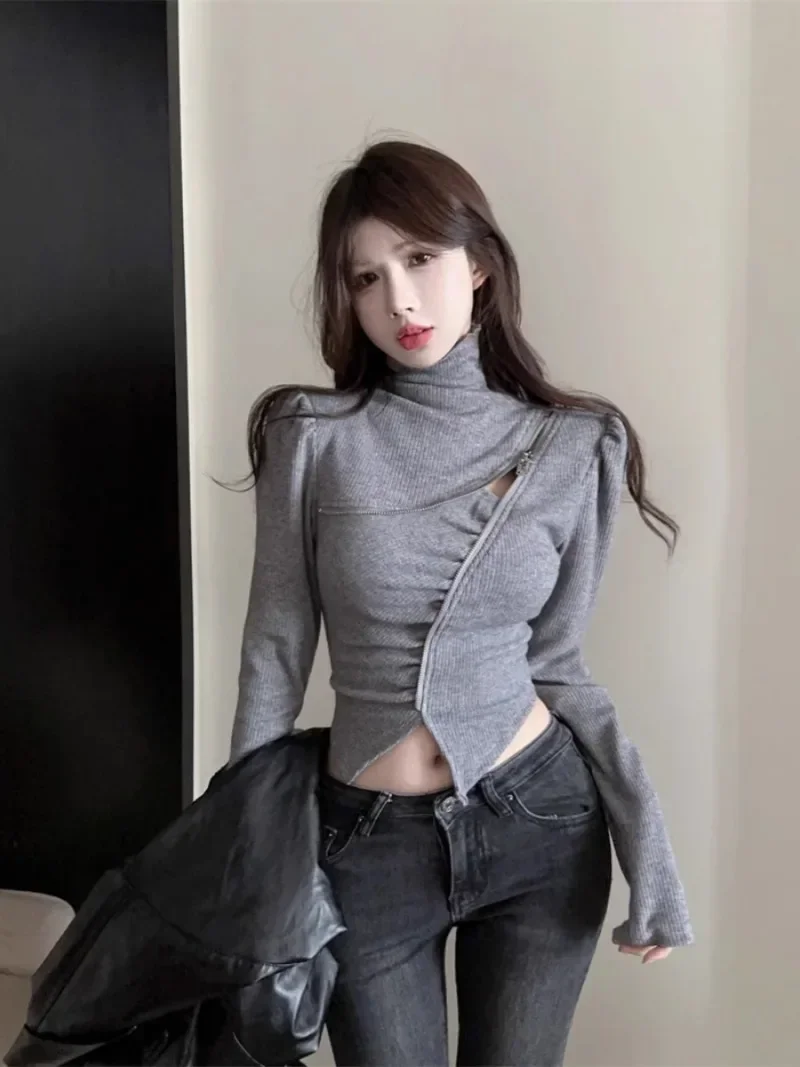 Spicy Girl Fashion High Neck Irregular Zipper Sweater Women Temperament Korean Midriff-baring Solid Elastic Slim Spring Knitwear