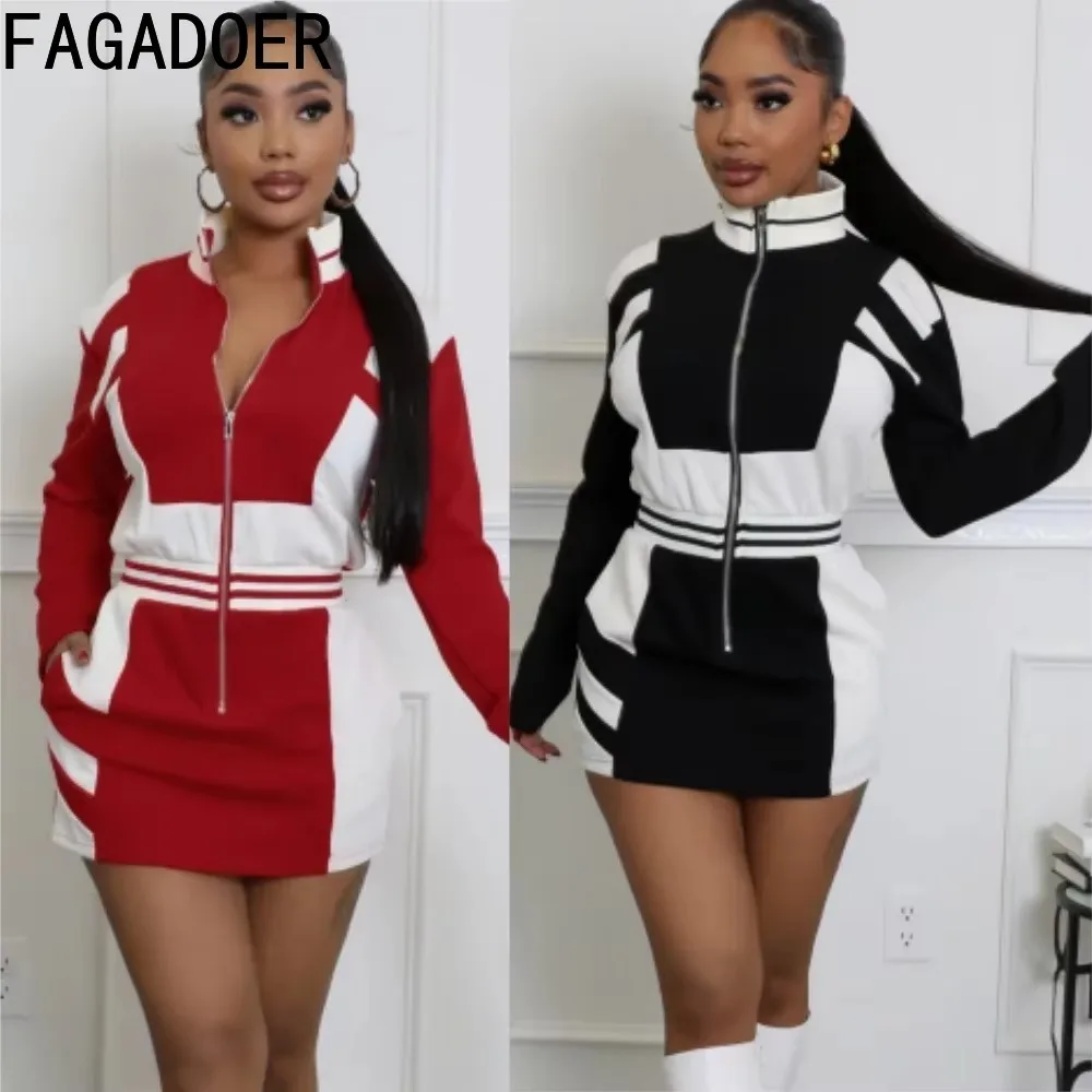 

FAGADOER Casual Mini Dress For Women Color Blocks Zip Long Sleeves Jacket Bodycon Dresses Female Streetwear Vestidos 2025 New