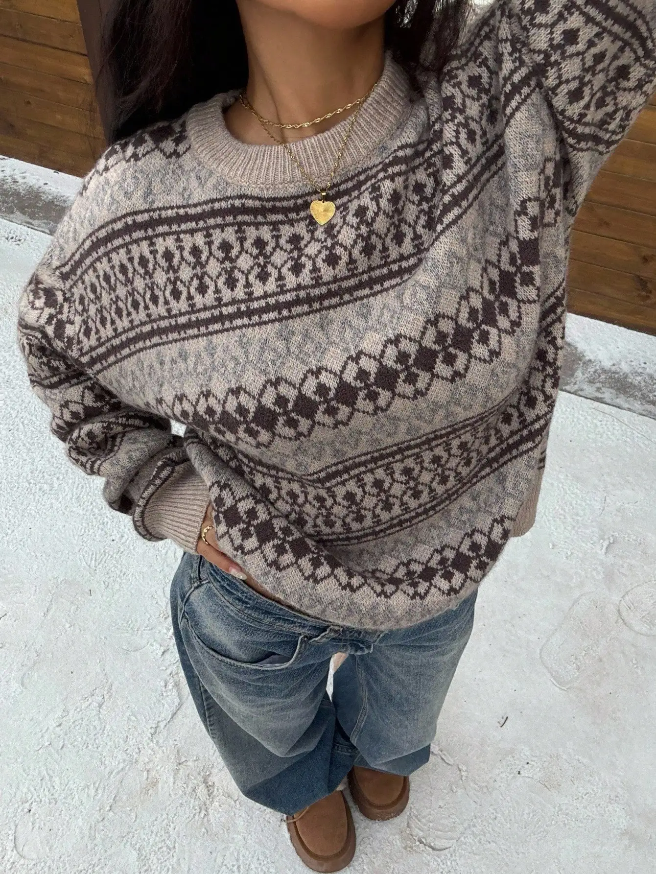 

Women's Fair Isle Geometric Pattern Knit Sweater, Light Brown Contrast Design, Casual Autumn Winter Pullover
