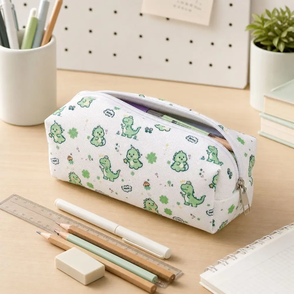 Dinosaur Pattern Dinosaur Pencil Case Large Capacity Metal Zipper Stationery Organizer Cute Style Rectangular Shape