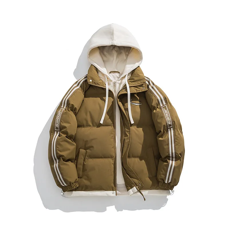 

Men's cotton jacket, high-quality fabric, pure cotton filling, hooded color matching fake two-piece casual warm jacket