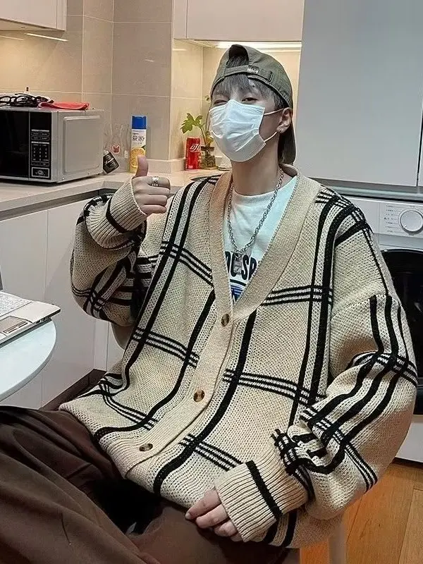 

American Retro Plaid Open Cardigan Sweater Men's Autumn New Sle Student Couple Knitwear Loose Faionable Long Sve V-Ne