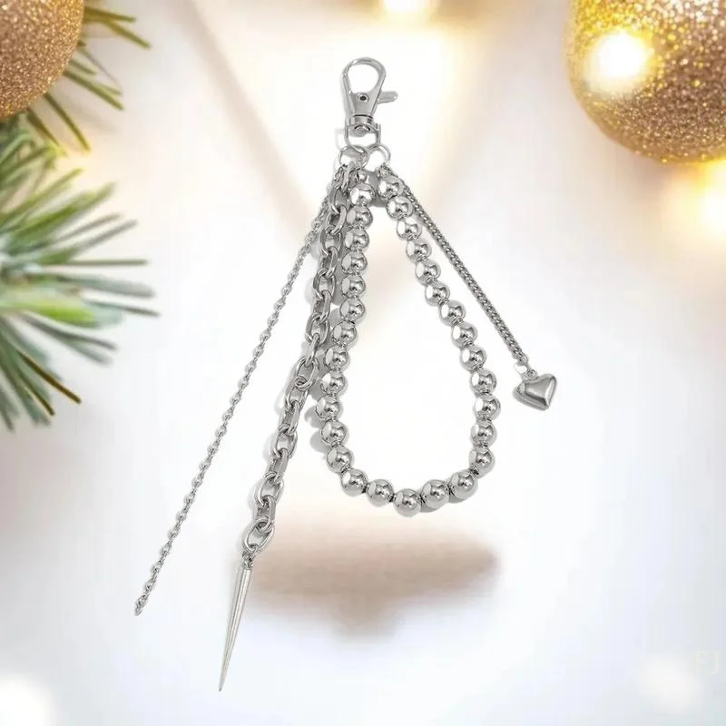 سلسلة مفاتيح أنيقة بشرابة فاسق للجنسين؛ معدن مستدير من الخرز الفضي؛ ملحق بإبزيم حزام الزوجين وديكور الحقيبة.