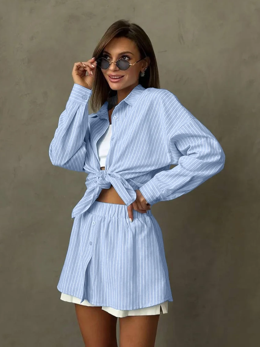 Marthaqiqi Striped Women Sleepwear Set Long Sleeve Nightgown Turn-Down Collar Nightwear Shorts Casual Ladies Pajama 2 Piece Suit