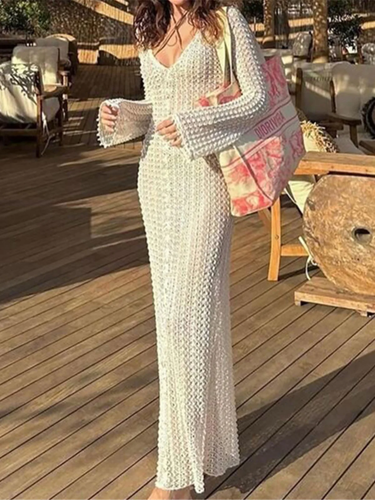 2024 Long Sleeve See Through Crochet Knitted Beach Cover Up Maxi Dress Holiday Beach Dress Beach Wear Beachwear Women K5441