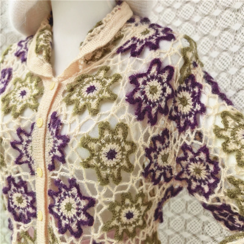 Ladies Women Vintage Hairy Soft Mohair Wool Knitted Flower Crochet Long Sleeves Slim Cardigans Sweater Jacket Coat Pull Tops