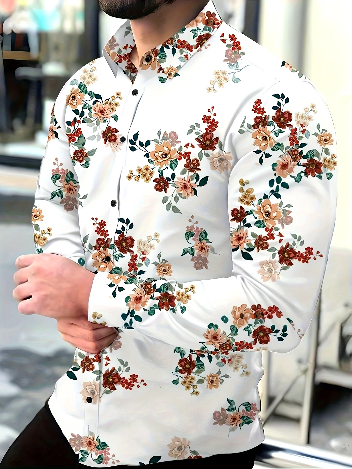 Herren Langarm-Hemd mit Knöpfen, Weiß, Vintage-Blumen- und Blättermuster, Polyester, Reverskragen, Casual für den Urlaub