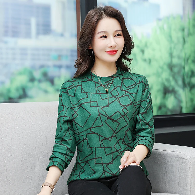 เสื้อยืดคอกลมแขนยาวพิมพ์ลายแฟชั่นสำหรับผู้หญิงวัยกลางคน  ใส่สบายๆ สไตล์ลำลอง  สำหรับฤดูใบไม้ร่วง