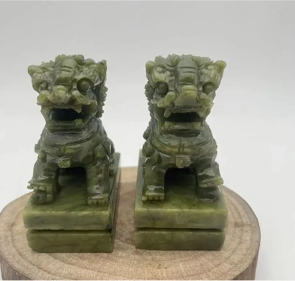 free Rare A pair 100% China natural jade hand-carved statues fo dog lion high 7cm