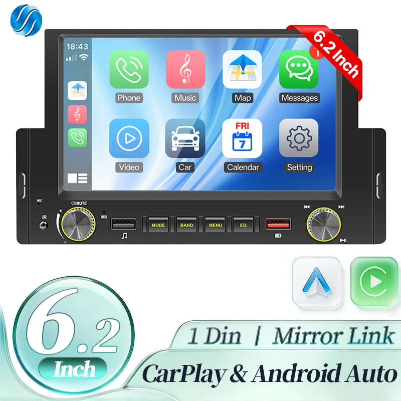 

Автомагнитола HIPPCRON 1Din 6.2 дюйма, мультимедийный видеоплеер MP5, Carplay, Android Auto, универсальный, FM, BT, HD, сенсорный экран, быстрая зарядка, два USB-порта