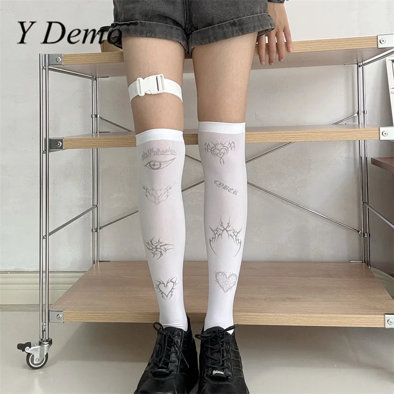 

Y Demo Harajuku Heart Throns Printing Slim Over-knee Socks Women Y2k White Thin Stocking